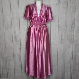 Vintage JCPenney Pink Satin Peignoir Robe L 16-18 Lace Maxi Dressing Gown